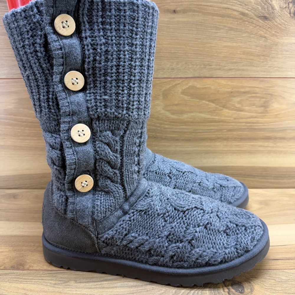 UGG Lattice Cardy Swear Knit Boots Womens 9 Gray Brown Button Cozy Cottagecore